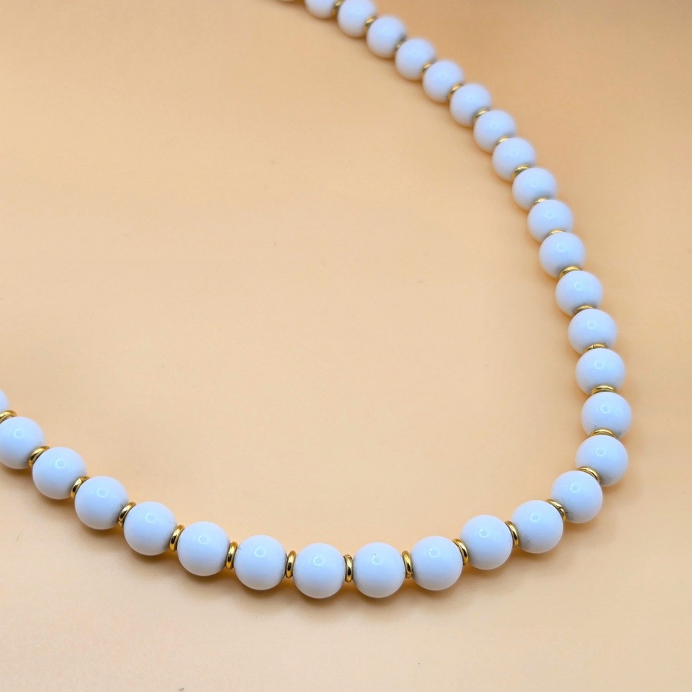 Napier Vintage White Beaded Necklace Gold Tone Spacers and Fold Over Clasp